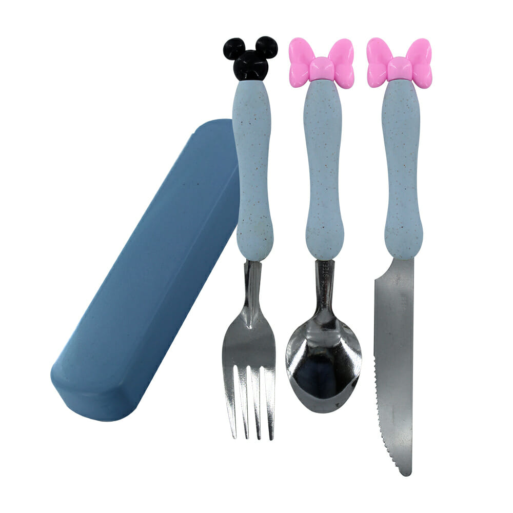Cubiertos portátiles para Lunch, cubiertos escolares con estuche, bonitos cubiertos  para lonchera, cubiertos reutilizables, cubiertos de paja de Trigo, cuchara  y tenedor de Minnie y Mickey Mouse. (Azul) : : Hogar y