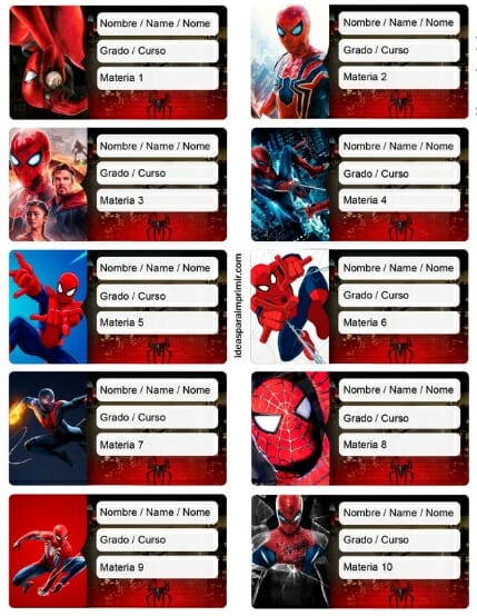 Planilla de etiquetas escolares con diseño de spider-man