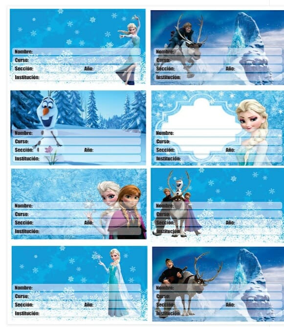 Planilla de etiquetas escolares con diseño de frozen