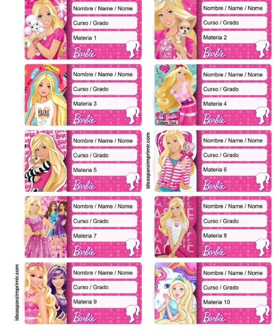 Planilla de etiquetas escolares con diseño de barbie