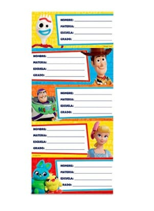 Planilla de etiquetas escolares con diseño de toy story