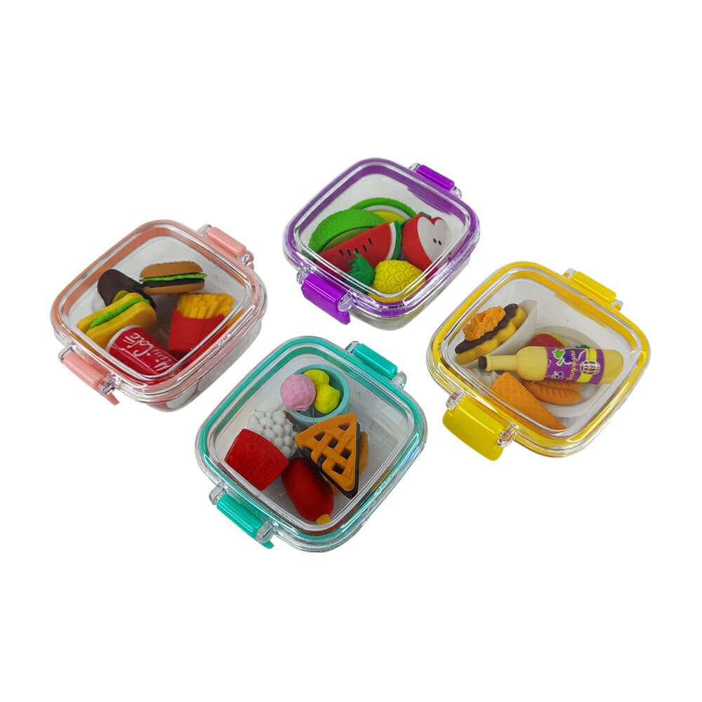 Mini tupper transparente con borradores en forma de comida, variedad de  diseños y colores